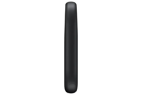 Side view of the slim and portable design of the Samsung Galaxy SmartTag2 in black.