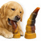 Golden Retriever chewing on a wood-colored, horn-shaped durable nylon chew toy for large dogs.