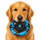 Close up of a Golden Retriever holding a blue camo durable ring chew toy with a built-in squeaker in its mouth.
