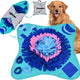 Golden Retriever next to an expanded turquoise, blue, and pink interactive snuffle mat with diagrams showing how it folds into a portable travel bag.