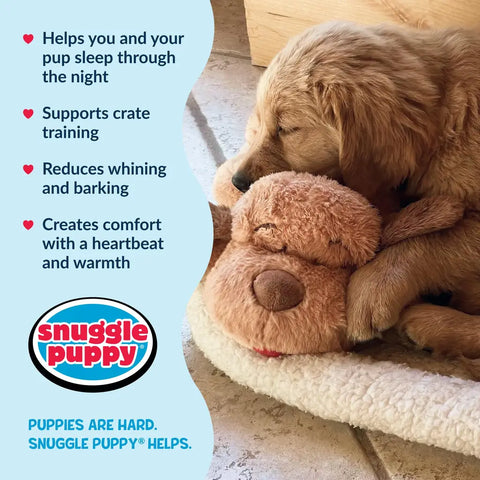 Golden Retriever puppy sleeping comfortably in a pet bed snuggled against a brown Snuggle Puppy heartbeat plush toy.