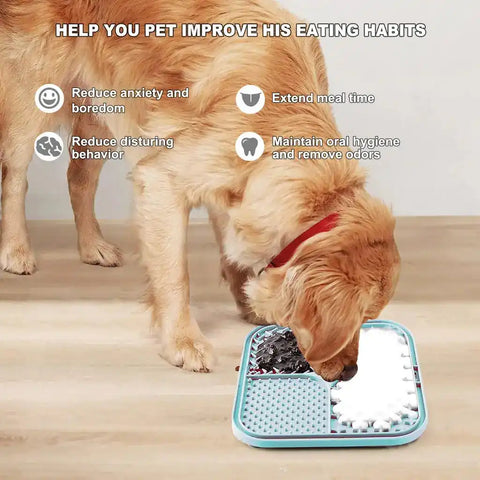 Golden Retriever eating from a slow feeder licking mat to reduce anxiety, boredom, and improve eating habits.