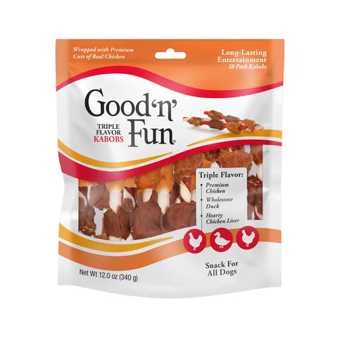 Front packaging of Good 'n' Fun Triple Flavor Kabobs for dogs, 18-pack, 12 oz bag.