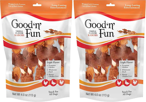 Two-pack bundle of Good 'n' Fun Triple Flavor Kabobs dog treats, 4 oz bags.