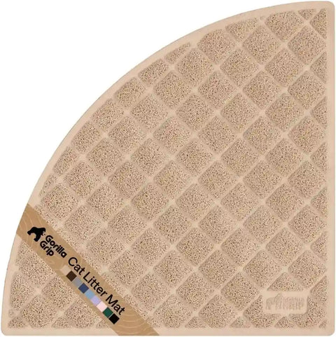 Beige corner shaped Gorilla Grip cat litter mat designed for space-saving corner litter boxes
