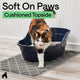Gorilla Grip soft-on-paws cushioned cat litter trapping mat placed under a blue litter box with cat