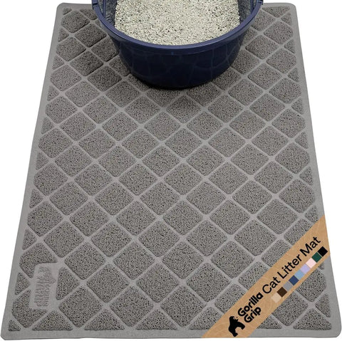 Full top-down view of a grey Gorilla Grip cat litter mat underneath a litter box