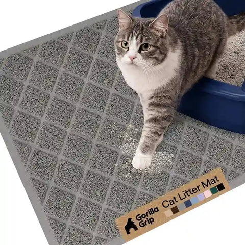 Grey Gorilla Grip cat litter mat capturing litter scatter as a cat steps out of the box