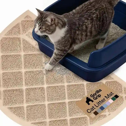 Beige half circle Gorilla Grip cat litter mat catching litter scatter under a cat litter box