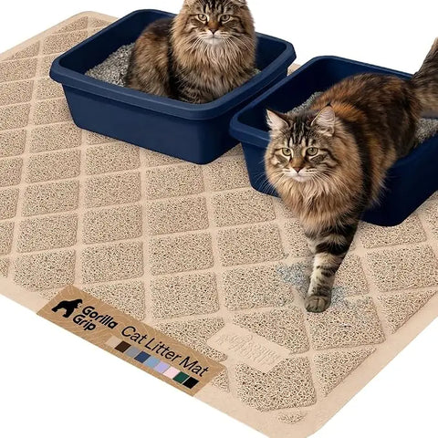 Extra large jumbo beige Gorilla Grip cat litter mat supporting two side-by-side litter boxes
