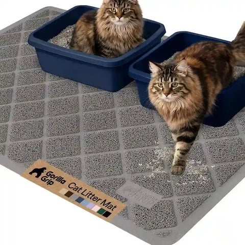 Extra large jumbo grey Gorilla Grip cat litter mat accommodating two cats and dual litter boxes