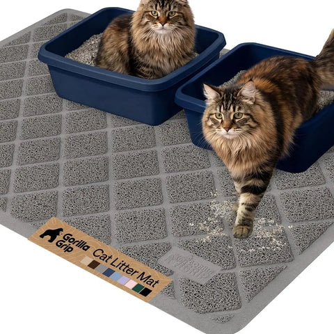 Extra large jumbo grey Gorilla Grip cat litter mat accommodating two cats and dual litter boxes