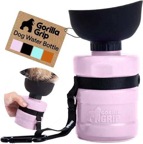 Gorilla Grip portable dog water bottle with built-in bowl and strap in pink