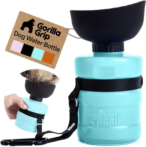 Gorilla Grip travel dog water bottle and fold-out drinking cup in turquoise