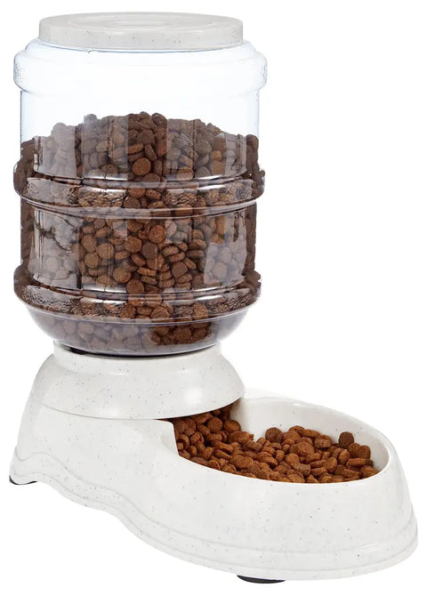 Automatic gravity pet feeder filled with dry kibble featuring a wide-mouth food reservoir.