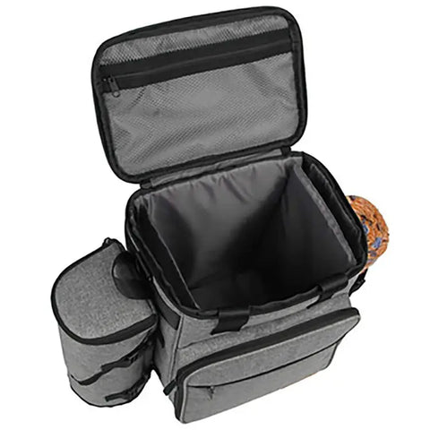 Gray color bag with open lid on white background.