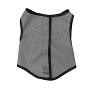 Gray dog vest with black trim on a white background.