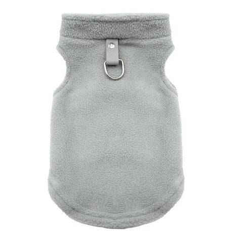 Gray fleece dog vest with a silver buckle on a white background