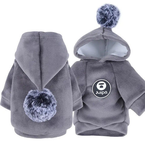 Gray hoodie with pom-poms on white background.
