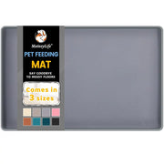 Gray MateeyLife pet feeding mat with product retail packaging band showing color options.