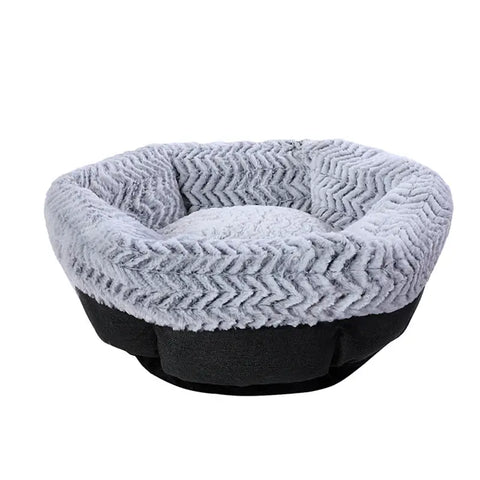 Gray pet bed with a chevron pattern on white background.