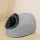 Gray pet bed with fur-lined entrance and size specifications.