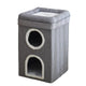 Gray pet playhouse with two round entrances on white background.