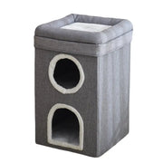 Gray pet playhouse with two round entrances on white background.