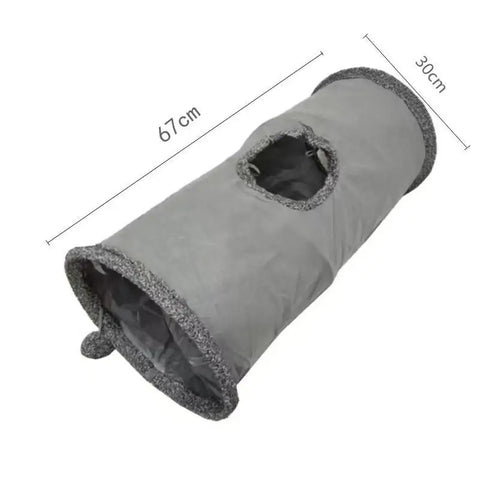 Gray pet tunnel with measurements on white background.