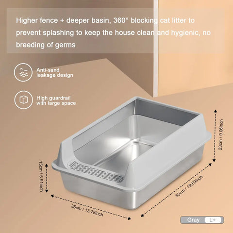 Gray stainless steel cat litter box with high guardrail showing dimensions 50cm length by 35cm width for size L plus.