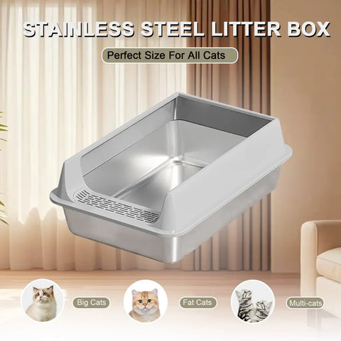 Gray metal stainless steel litter box featuring a high splash guard fence and built-in litter tracking pedal, suitable for large and multi-cat environments.