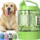 Green 77oz large capacity dog water flask with handle beside a smiling Golden Retriever