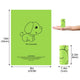 Green compostable bag with dog illustration and measurements.