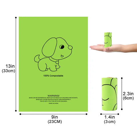 Green compostable bag with dog illustration and measurements.