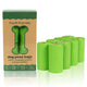 Green dog poop bags with Earth friendly packaging on white.