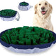 Deep green grass-style snuffle mat with adjustable drawstring bowl modes set next to a Golden Retriever.