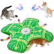 Green hide and seek interactive cat toy with butterfly spinner and cover cloth on clean surface