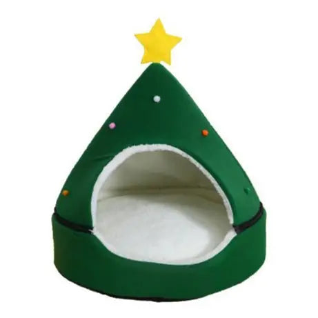 Green pet bed shaped like a Christmas tree with a yellow star.