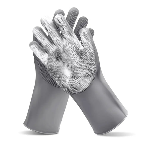 Grey waterproof silicone pet bathing and deshedding gloves.