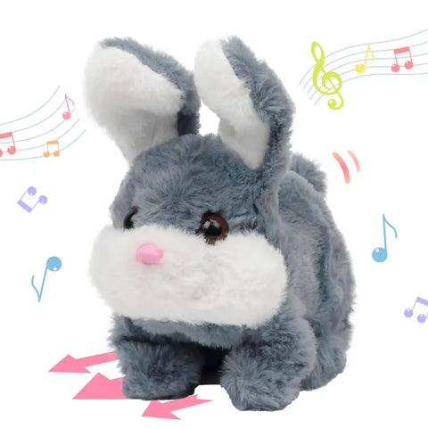 Battery-operated grey and white electronic plush bunny rabbit toy with floppy ears