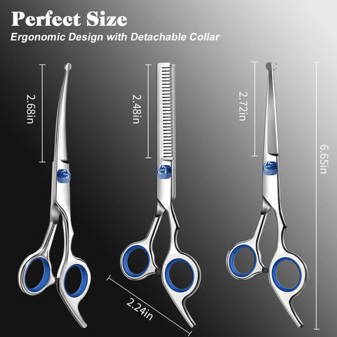 Image showing the length of the scissors alongside a safety check to ensure they are gentle on pet skin.