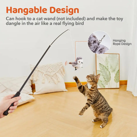 Cat jumping towards a flapping sandpiper bird toy attached to a teaser wand string