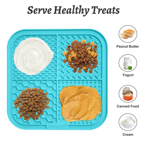 Product guide showing healthy treats to use on a pet lick mat including peanut butter, yogurt, and canned food.