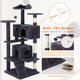 Safety diagram showing the anti-tilt wall anchor device and thickened baseboard construction of a stable Deep blue cat tree.