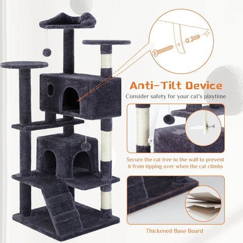 Safety diagram showing the anti-tilt wall anchor device and thickened baseboard construction of a stable Deep blue cat tree.