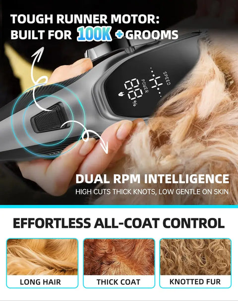 Tough runner motor pet clipper with dual RPM intelligence designed to effortlessly cut through long hair, thick coats, and knotted fur.
