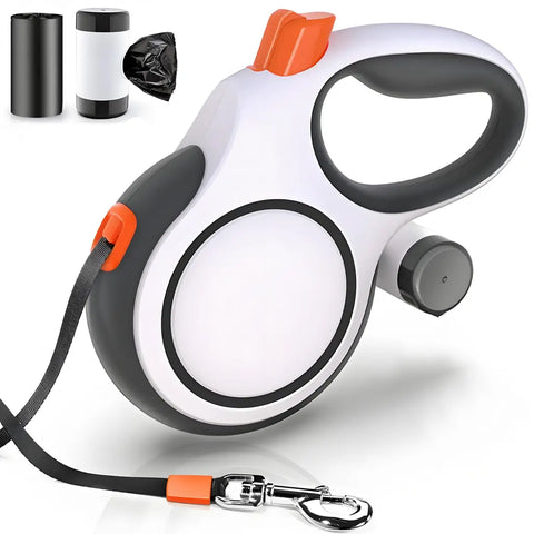 Heavy-duty white and grey retractable dog leash with an attached poop bag dispenser and durable nylon tape.