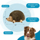 Infographic showing the features of the hedgehog dog toy, measuring 12 inches long by 7 inches tall, with callouts for grunting, squeaking, and snuggly soft plush.