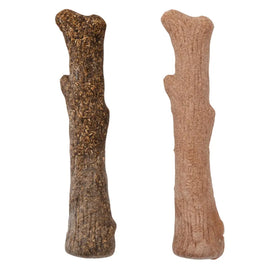 Comparison of two textured dog chew sticks featuring real wood and hemp fiber blends for aggressive chewers.