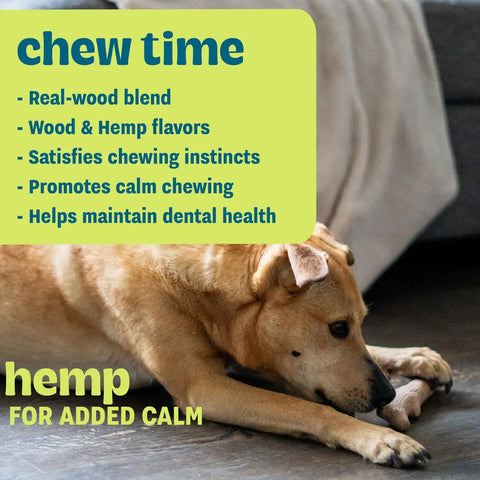 Golden dog using a hemp and wood flavored chew toy designed to promote calm chewing and satisfy instincts.
